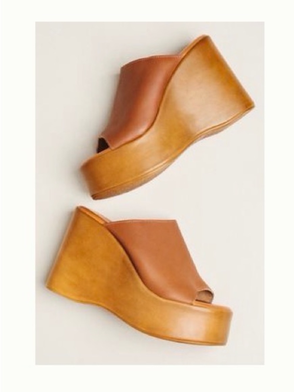 Anthropologie Tan Brown Leather Platform Wedge Mules
